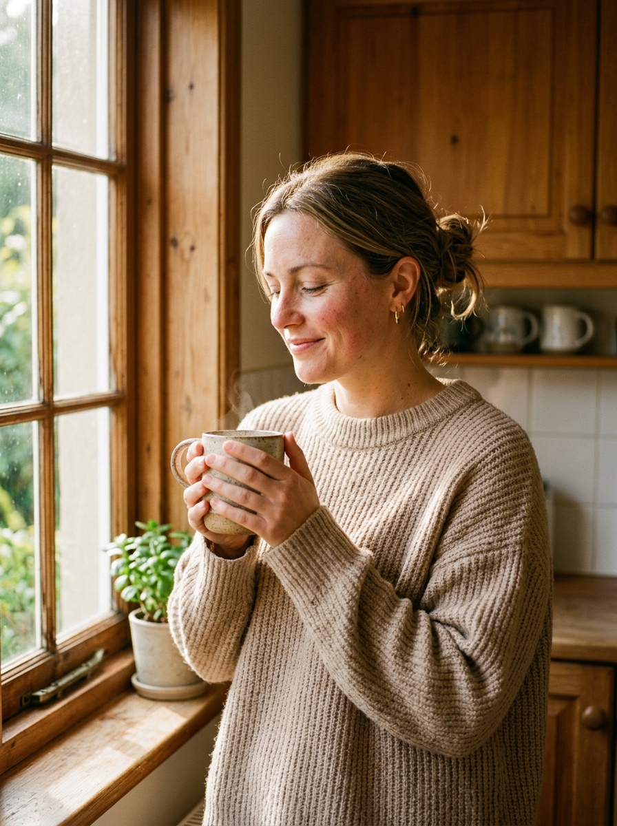 Frau mit Tasse am Fenster – ruhig und präsent